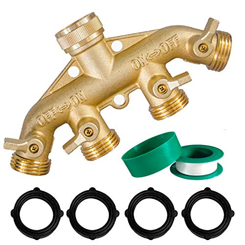 Hourleey Brass Garden Hose Splitter (4 Way), Solid Brass Hose ...